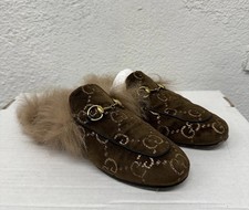 GUCCI Brown GG Monogram Velvet Princetown Fur Mule Loafers 36 EU 6 US BB1