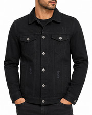 Men’s Distressed Stretch Denim Trucker Jacket with Multiple Pockets Black