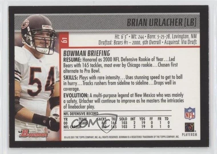 2001 Bowman Brian Urlacher #61 HOF - Image 2 of 2