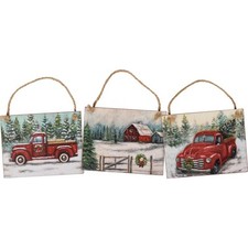 Ornament Set, 3 Farm Life Christmas Red Truck and Barn Ornaments, 4.5 inch Wood