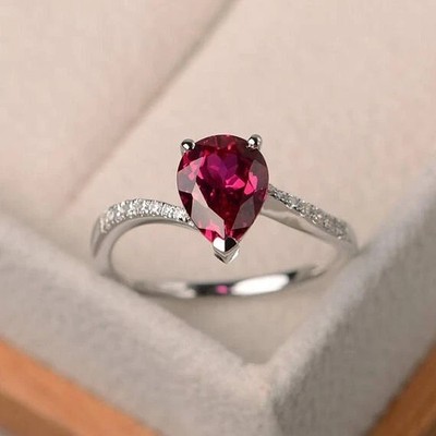 1.70 Ct Pear Cut Natural Ruby & Diamond Wedding Ring 14k White Gold Size 8