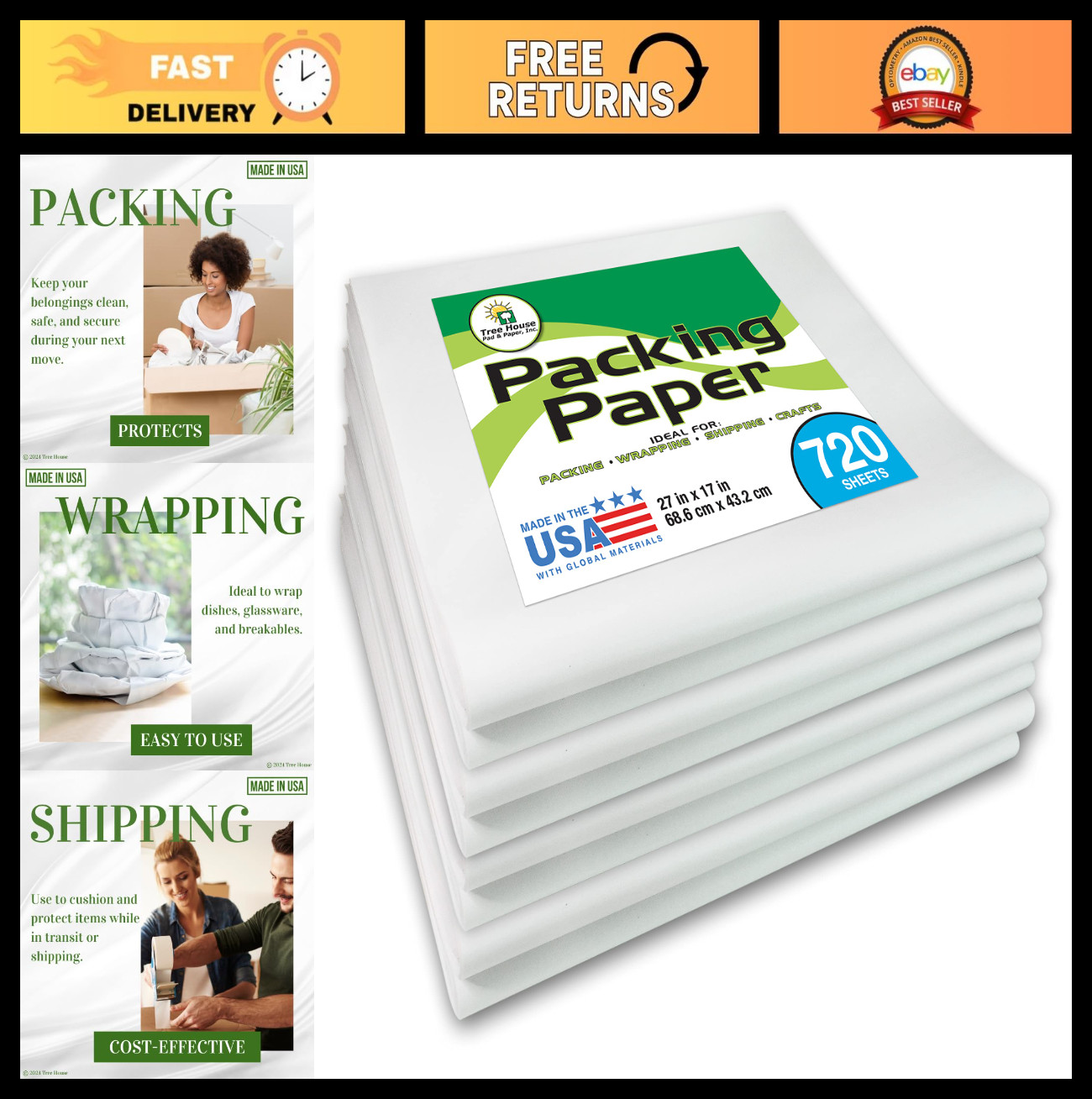 720 Sheets Newsprint Packing Paper – 27” x 17” for Moving, Shipping & Dishes – R