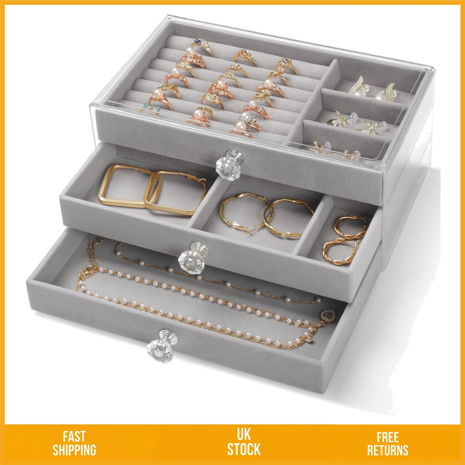 Elegant Acrylic Jewellery Organiser 3 Drawer Velvet Lined Box 23.5x13.5x11cm