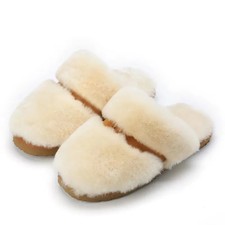 Womens Sheepskin Wool Slippers Fur Flip Flop Indoor House Shoes