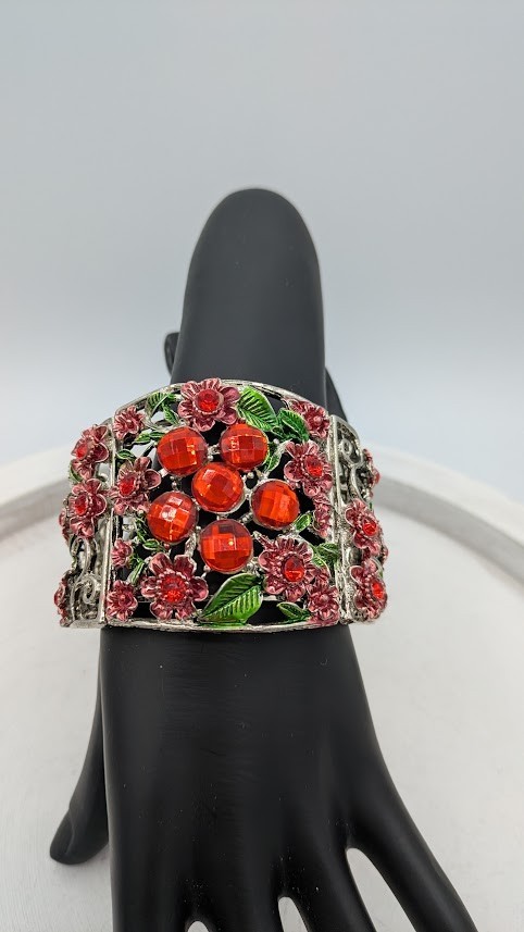 Red Rhinestone Cuff Bracelet Silver Floral - image 3