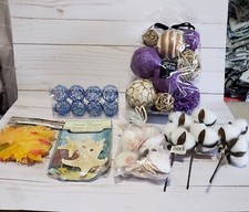 miscellaneous wreath making supplies, orbs, shells, cotton balls, leaves