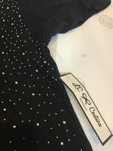 LC Couture schwarz irisierend Kristall Strass Glitzer Kurzarm Shirt Damen L - Bild 2 von 5