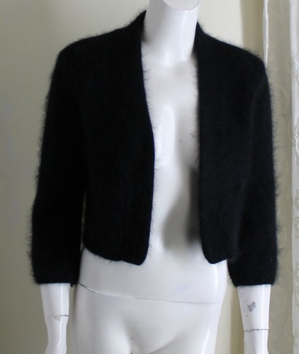 MODA International Sz XS Black 70% ANGORA FLUFFY Shrug Bolero Cardigan Sweater - Picture 8 of 11