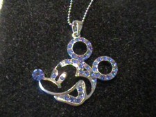 VINTAGE SILVERTONE MICKEY MOUSE WITH BLUE RHINESTONES 15" CHAIN NECKLACE