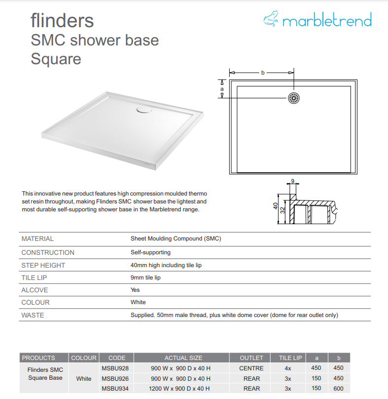 Flinders SMC Square 900x900/1200 White Centre/Rear Outlet Shower Base