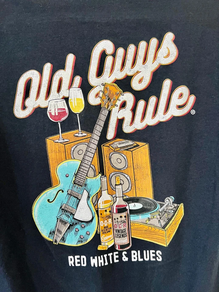 NWOT Old Guys Rule ‘Red, White & Blues’ Guitar & Records Cotton Black Tee Shirt Foto 3 de 4