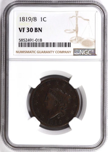1819/8 CORONET HEAD LARGE CENT 1C NGC VF 30 BN