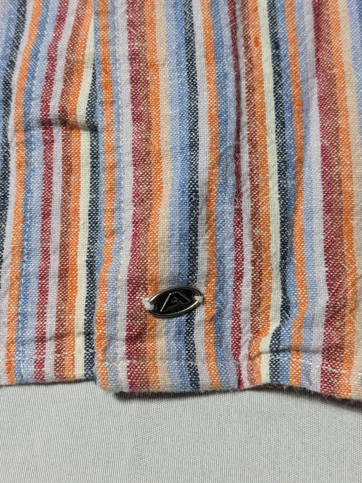 Camisa ANDREW FEZZA LINO Mezcla Hombres Grande Naranja Azul Multi Rayas S/S Abotonada Foto 3 de 4