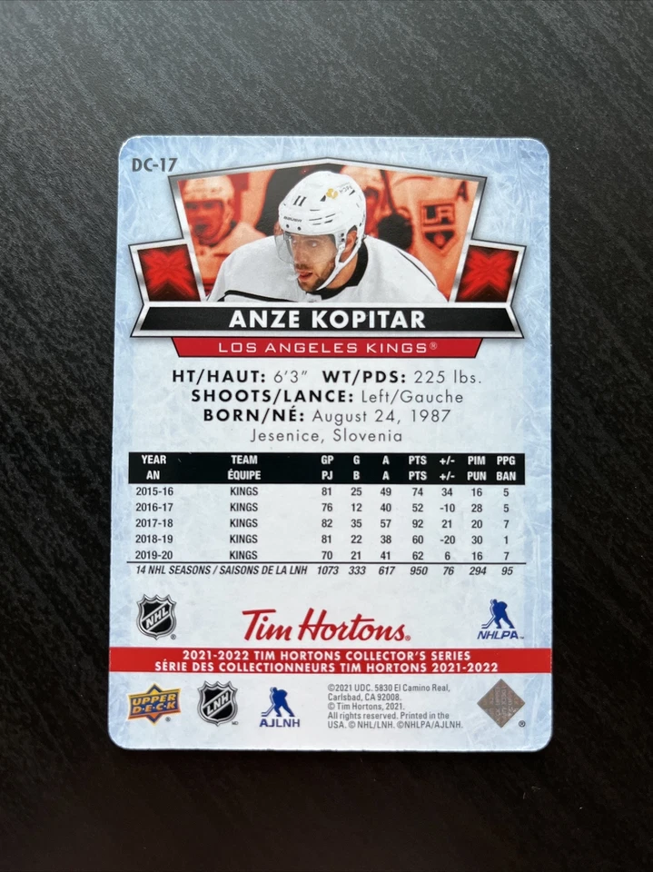 2021-22 Upper Deck Tim Hortons Red Die Cut #DC-17 Anze Kopitar Los Angeles Kings - Image 2 of 2