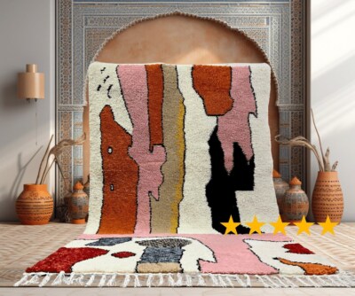 Multi Color Handmade Moroccan Wool Rug, Original Moroccan Carpet Beni Ourain, Ab