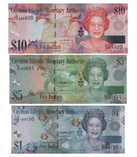 Cayman Islands 1, 5, 10 dollars 3 Pcs Set 2014 - 2018 UNC Queen Elizabeth II New