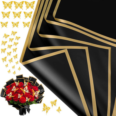 20 Hojas Papel Envoltura Ramo Flores con 12 Mariposas Doradas Impermeable Negro