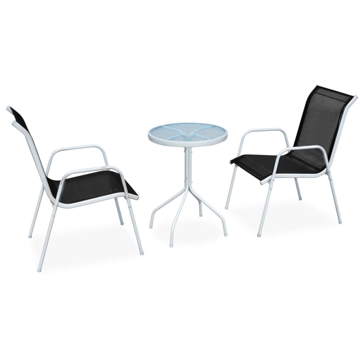 VidaXL 3 Piece Bistro Set Steel Black Grey - Powder-Coated Steel Frame, Tempered Glass Tabletop, Textilene Chairs - Image 2