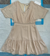 LADIES LUSH  CROCHET TRIM  BOTTOM FLOUNCE MINI DRESS NATURAL BOHO DRESS MED NWT