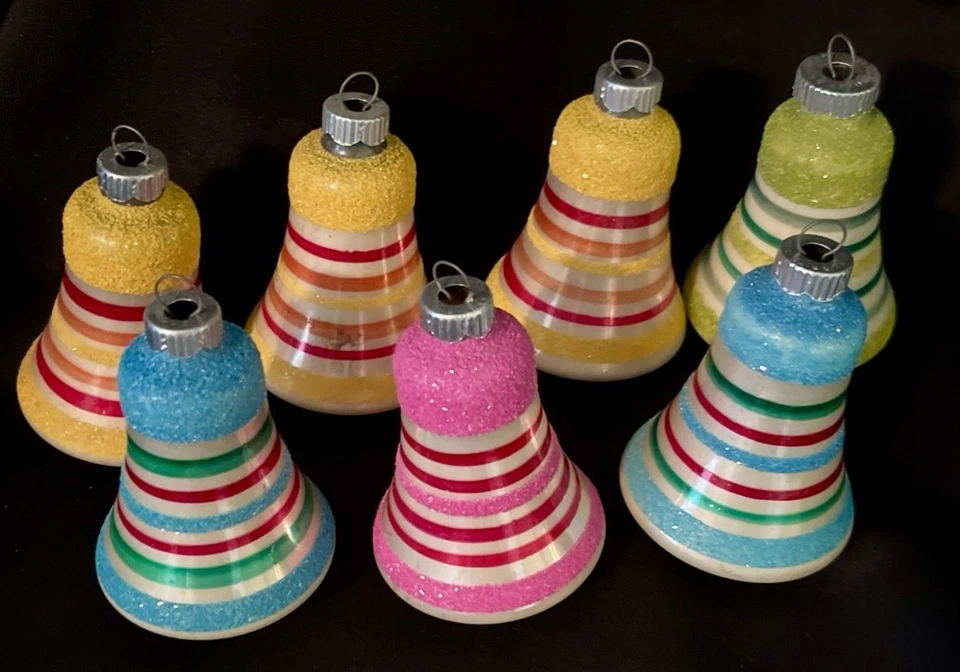 7 Vintage Mica Striped Mini Glass Bell Christmas Ornament ~ Shiny Brite ~ No Box - Image 3 of 4