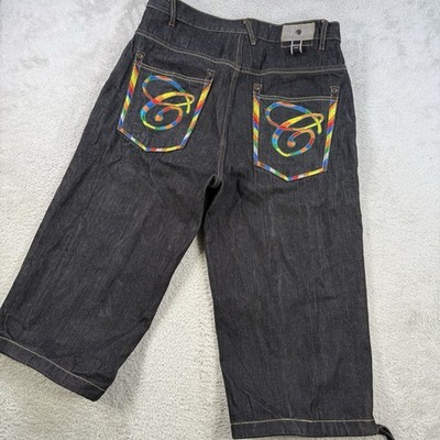 Vintage Russo Jean Shorts Mens 36x19 Black Y2K Baggy Long Embroidered Cotton
