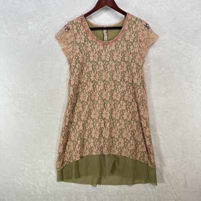 Aratta Silent Journey Dress Womens M Pink Floral Lace Fairy Mini Layered Boho