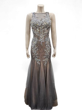 Nwt JVN by JOVANI Silver Crystal Embroidered Sleeveless Flared Tulle Gown 2