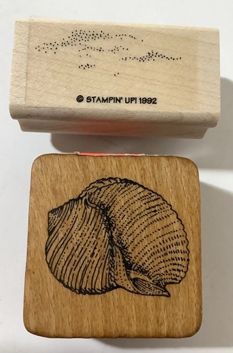 Vintage Wood Rubber Beach Stamp Lot Of 2 Seashells & Beach Ocean Vacation - Picture 1 of 6
