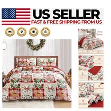 Ultra-Soft King Size Christmas Quilt with Printed Reindeer Wreaths - 3-Piece Set