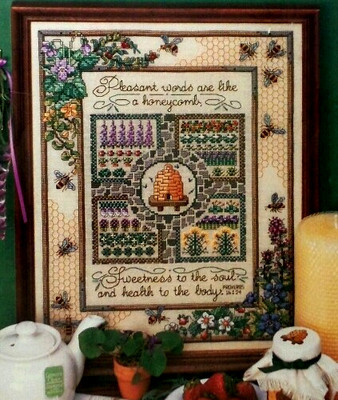 Cross Stitch Pattern GATHERING HONEY Sampler Verse Pleasant Words Honeycomb VTG