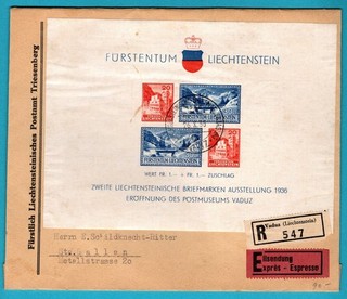 LIECHTENSTEIN R expres cover with miniature sheet 1936 Vaduz to Switzerland
