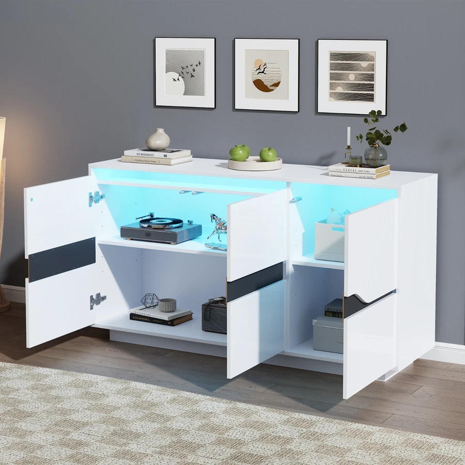 Moderner Sideboard Kommode Anrichte Schrank mit LED Beleuchtung Weiß Hochglanz - Bild 3 von 4