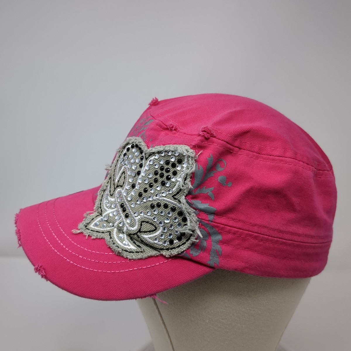 Olive & Pique Crystal Rhinestone Fleur De Lis Cotton Cadet Cap in Hot Pink Women main image 3