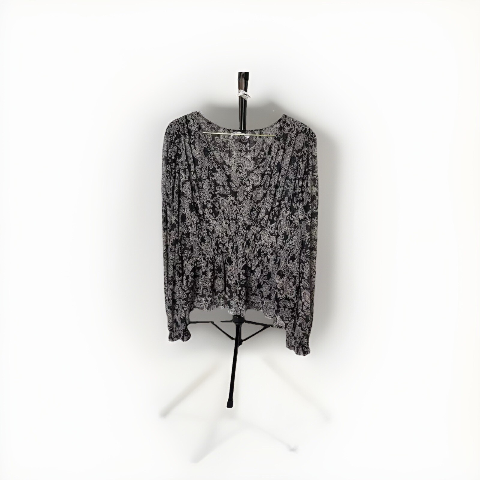 DR2 Floral Peasant Blouse XL Black White Paisley Long Sleeve Boho Top Women’s