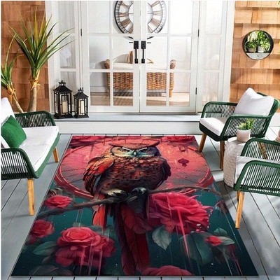 [Structure] Rectangular Polyester Carpet| Vibrant Owl and Rose Pattern| Multi-