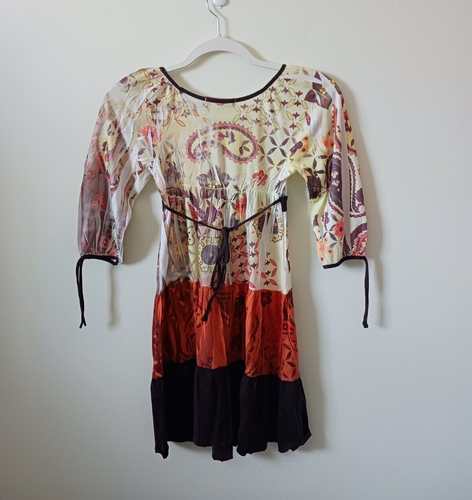 Volume One Juniors Girls Orange Brown Floral Dress Size S Tie Waist Long Sleeve - Picture 2 of 4