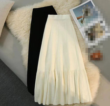 Knitted Midi Skirt Women Fashion Pleated Skirts High Waist Slim A Line Skirt