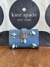 Kate Spade Phoebe Floral Applique Turnlock Medium Wallet Bluestone KK250
