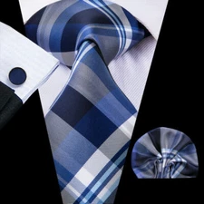 Blue Cross-Striped Necktie, Hanky, and Cufflinks
