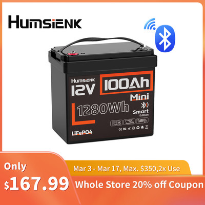 HumSienk 12V 100Ah Bluetooth LiFePO4 Lithium Battery 6000+ Cycles RV Solar Panel