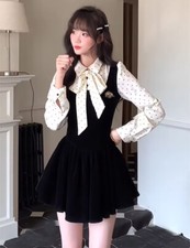 Sweet Girls Womens Korean A-Line Dress College Bow Students Short Dress Fashion