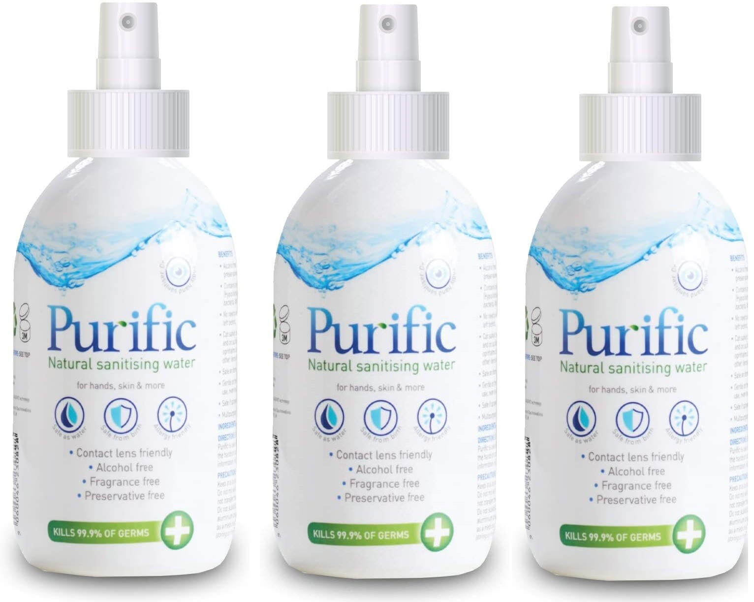 3 x Purific Natural Antibacterial Sanitising Water 50ml -Alcohol/Fragrance Free