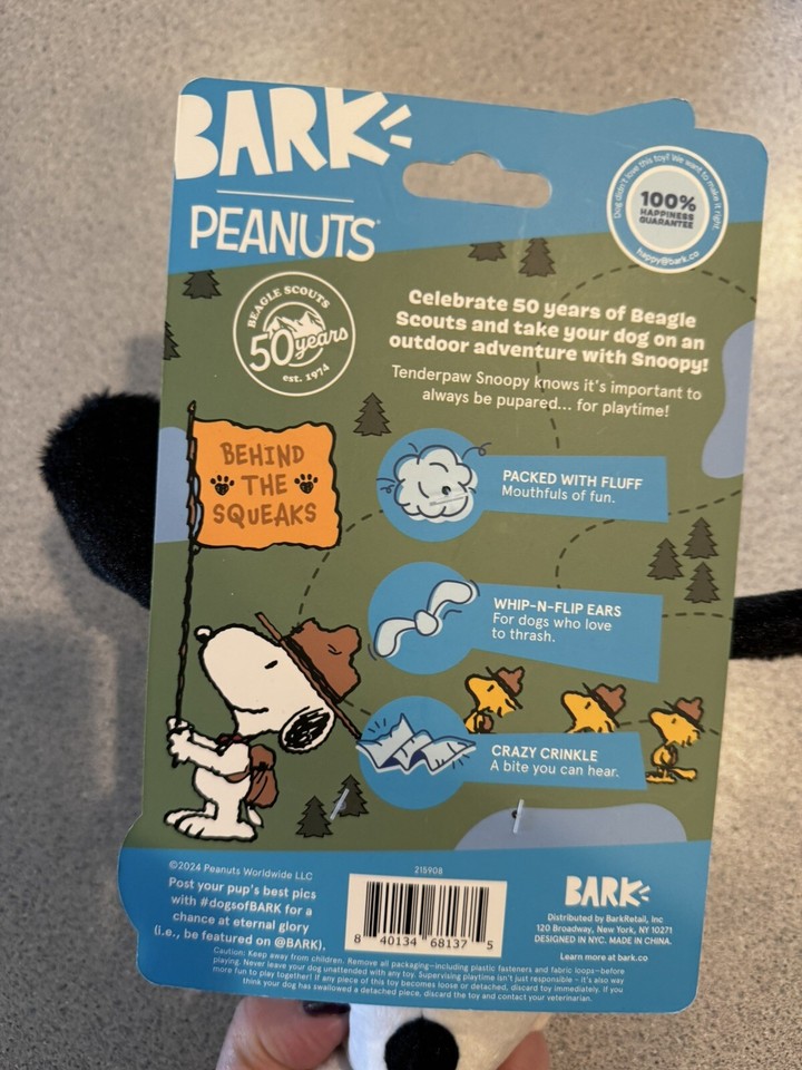 New Bark x Peanuts Set of 2 Snoopy Camp Squeak & Thrash Dog Toy All
