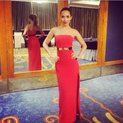 myleene klass red maxi dress Mozart to Madonna Weekend radio takeover dress @freemans #brandambassador (If you're looking at in online, I cut the slit higher on the thigh) heels @maisonvalentino earrings @dinnyhall