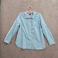 Talbots Women Blouse L Blue Plaid Collared Button Front READ