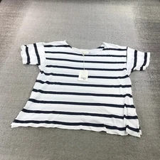 THE GREAT Shirt Womens 2 Striped Blue Cotton Boxy Cut Short Sleeve T-Shirt b3453