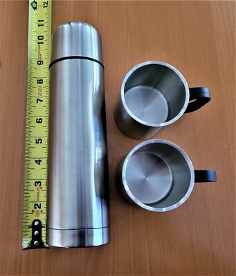 STAINLESS STEEL THERMOS COMPACT 16oz (473ml) BEVERAGE BOTTLE WITH 2 SST MUGS