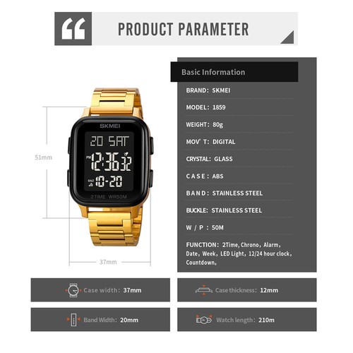 SKMEI Herren LED Digitaluhr Edelstahl Rechteck Chrono Sport Armbanduhr - Bild 6 von 28