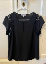 Semi Sheer Black lace trim short sleeve Blouse Small