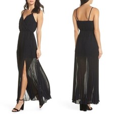 NEW ALI & JAY Black ROSES Are RED Pleated CHIFFON Slit FESTIVAL Maxi DRESS S